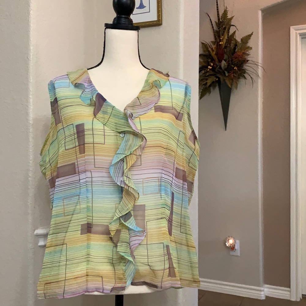 NICOLA yellow blue purple print sheer top blouse Size XL